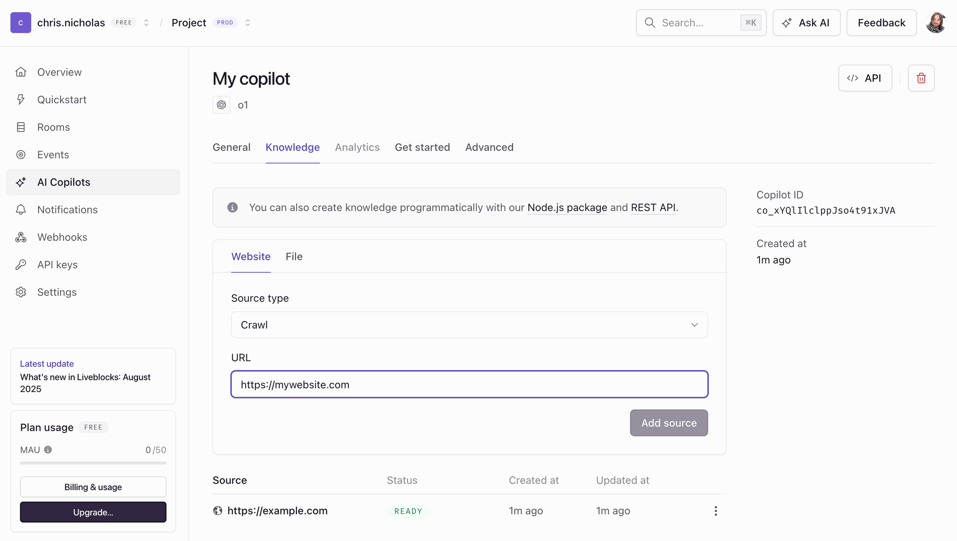 Screenshot of the Liveblocks dashboard, adding knowledge to a copilot