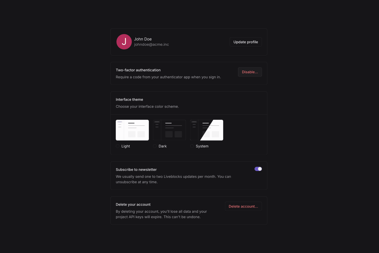 Two-factor authentication section in account settings with Disable button