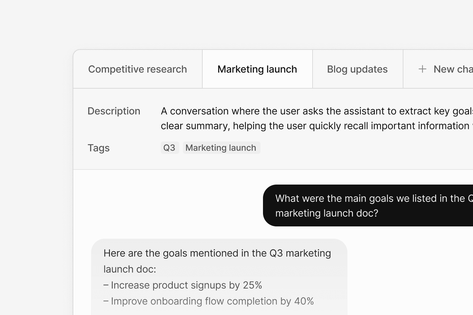 An example showing a list of different chats, each with custom metadata, and a create new chat button.