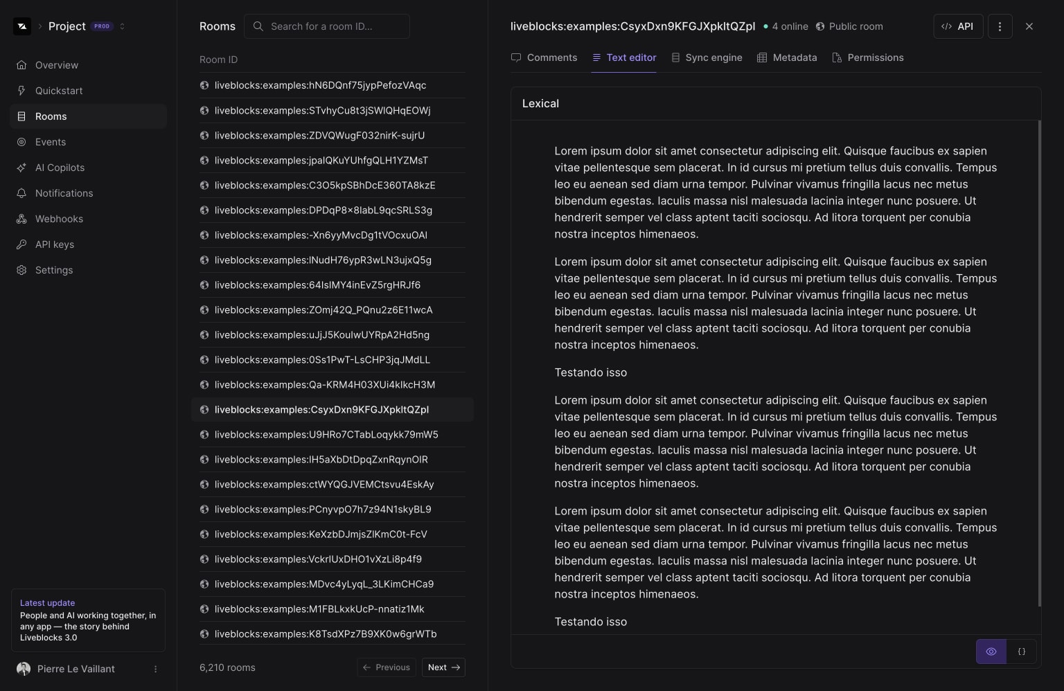 Liveblocks project rooms detail