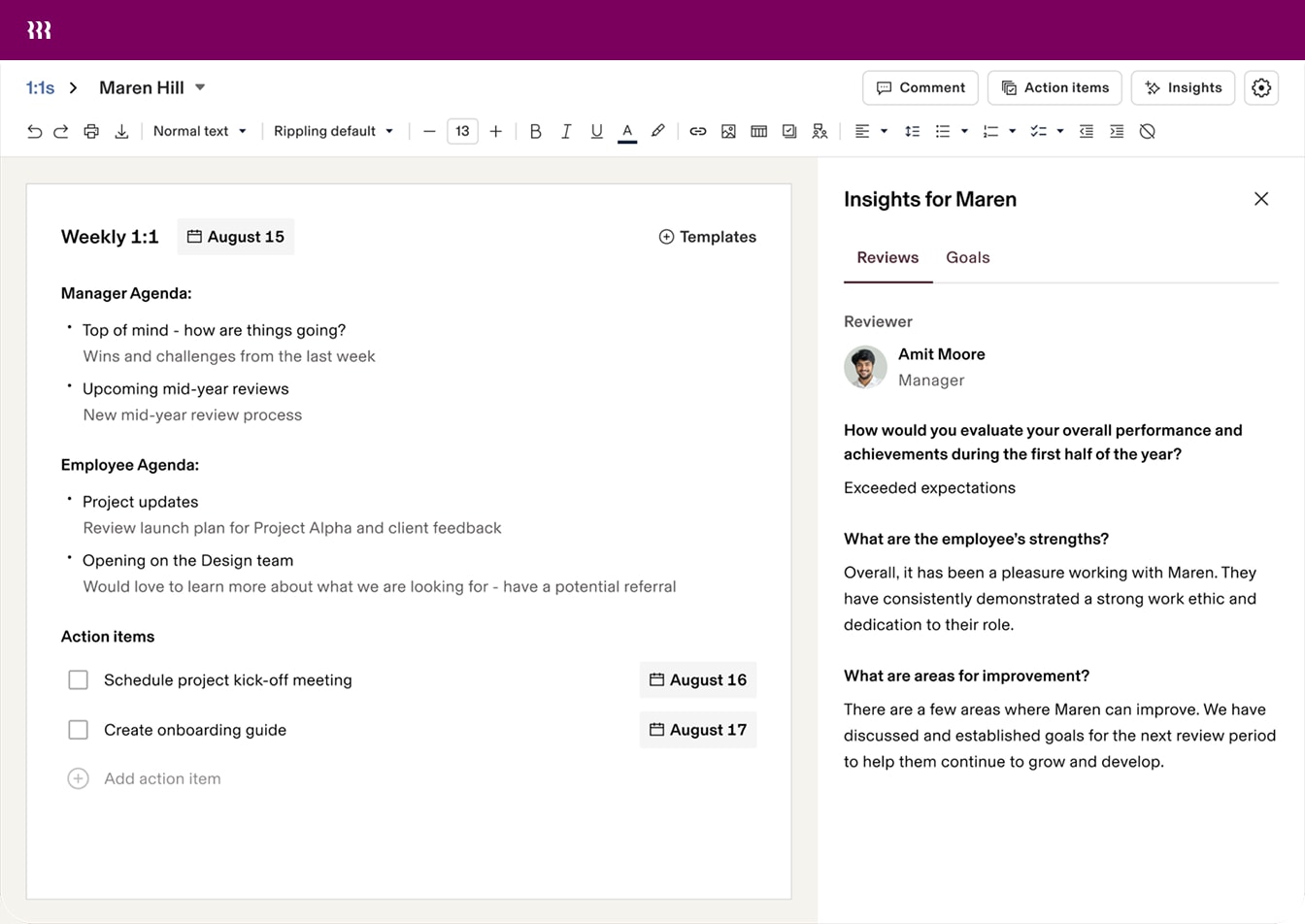 The 1:1s tool in Rippling