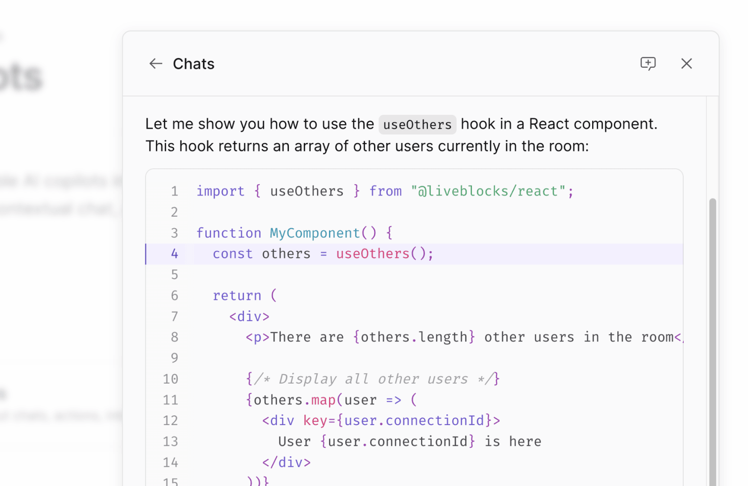 A custom code block with syntax highlighting, inside an AI chat