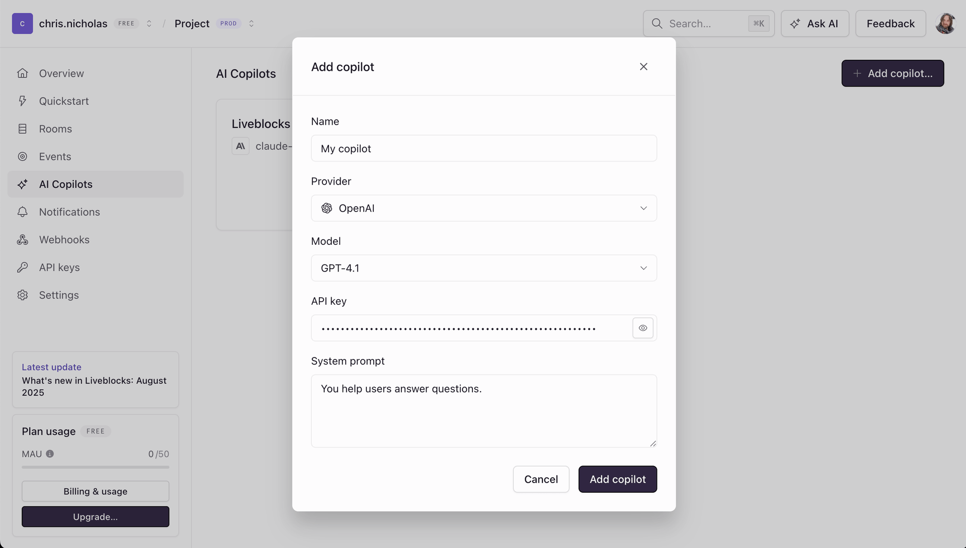 Screenshot of the Liveblocks dashboard with the AI Copilots page and the Create copilot button